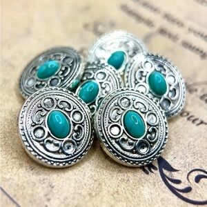 BUTTONS - 12 Western Silver and Turquoise Carved Buttons For Your DIY